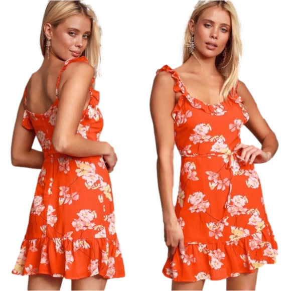Lulus Dresses & Skirts - Lulus Flower Factor Coral Red Floral Print Ruffled Mini Dress Size large New